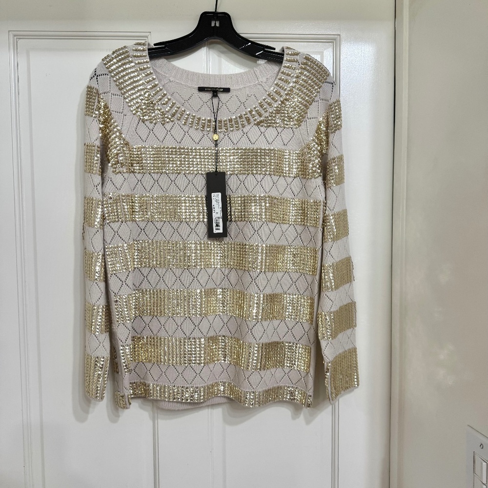 SALE NEW wTags $398 Kobi Halperin Wool Sweater Gold Sequins and Cream Color sz M